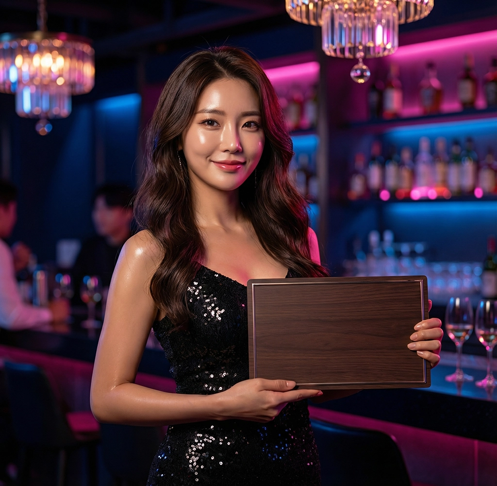 강남 달토 가격표를 들고 있는 섹시한 한국 여성 모델의 고급 야간 라운지 분위기 홍보 이미지