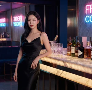 고급스러운 강남 라운지에서 블랙 드레스를 입고 포즈를 취한 섹시한 한국 여성 모델